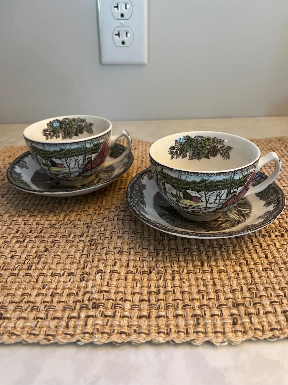 Vintage 2 Johnson Brothers England Friendly Village ICE HOUSE Cup & Saucer Set